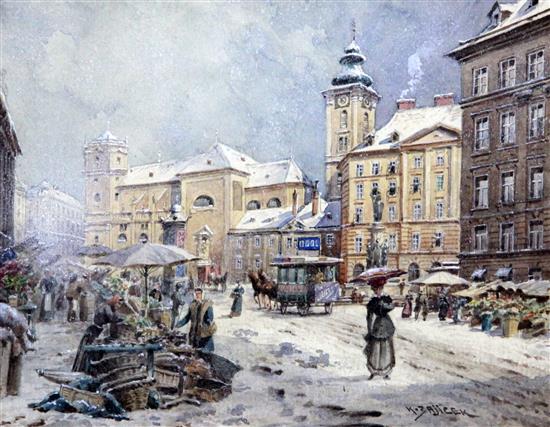 Carl Wenzel Zajicek (1860-1923) Market scene in winter on the Freyung in Vienna, 5.5 x 7.5in.